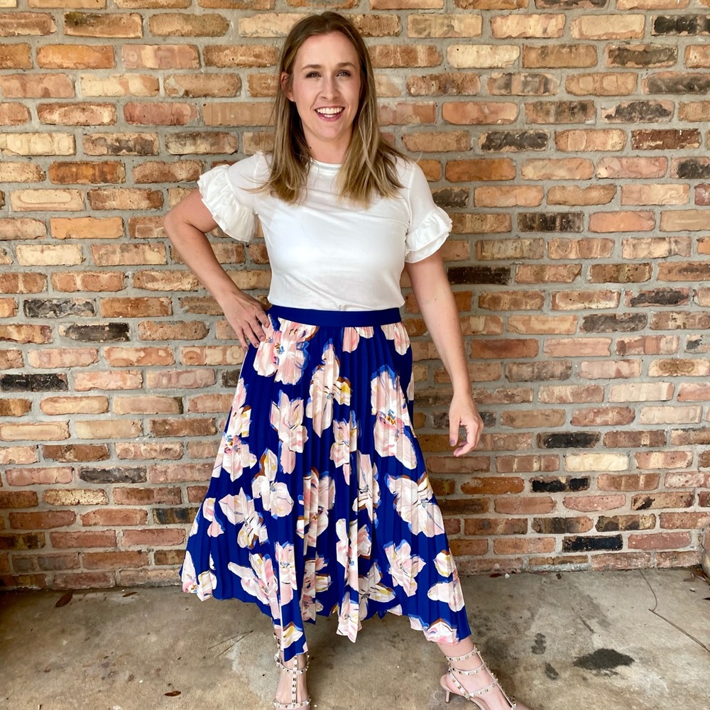 Royal Blue Graphic Floral Pleated Maxi Skirt
